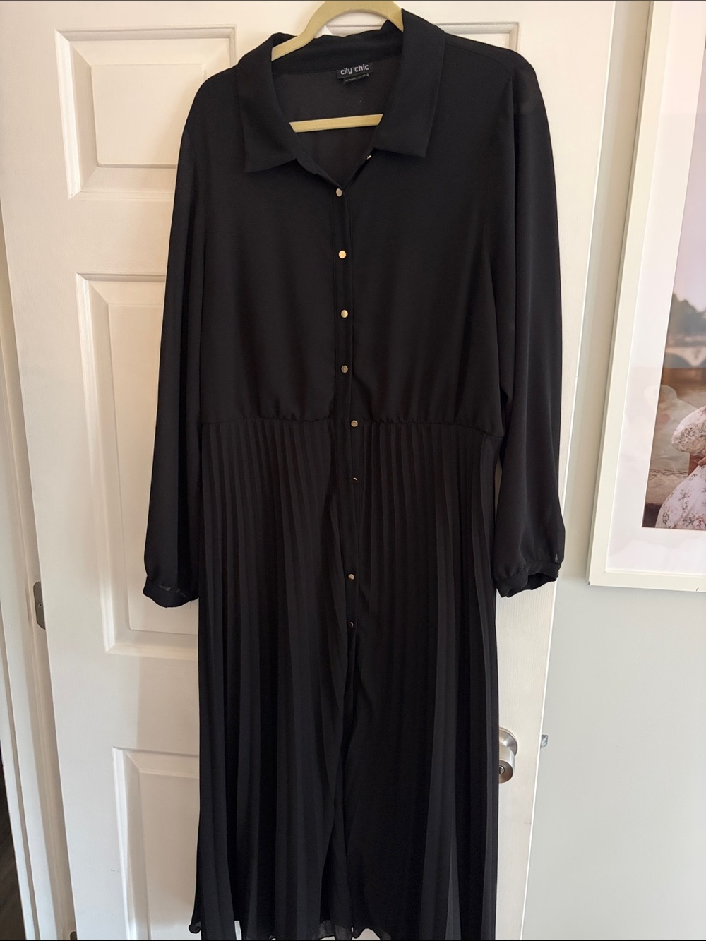 City Chic Black Long-Sleeve Pleated Button Midi Dress WORN ONCE